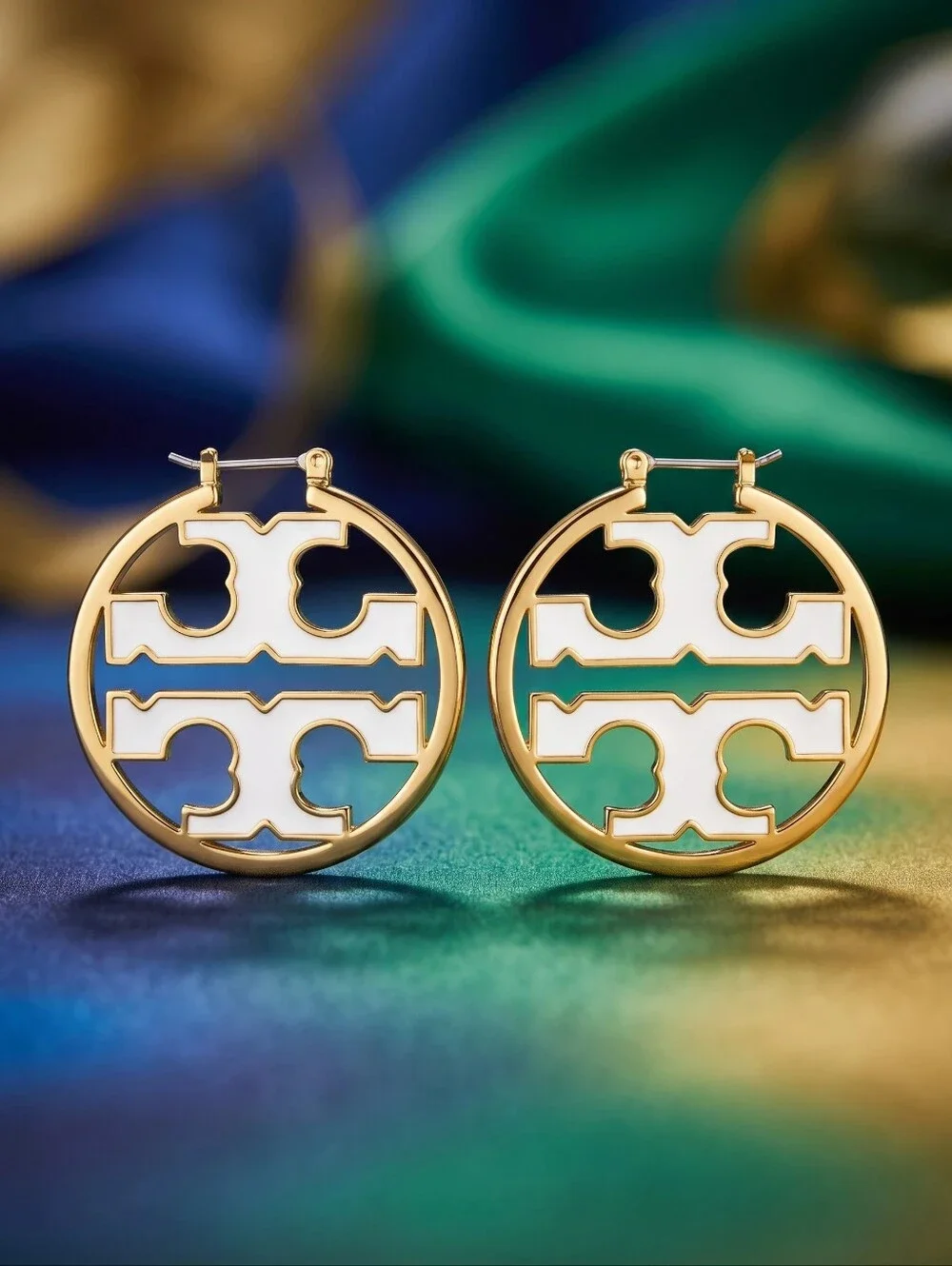 Tory Burch Gold and White Miller Logo Hoop Earrings